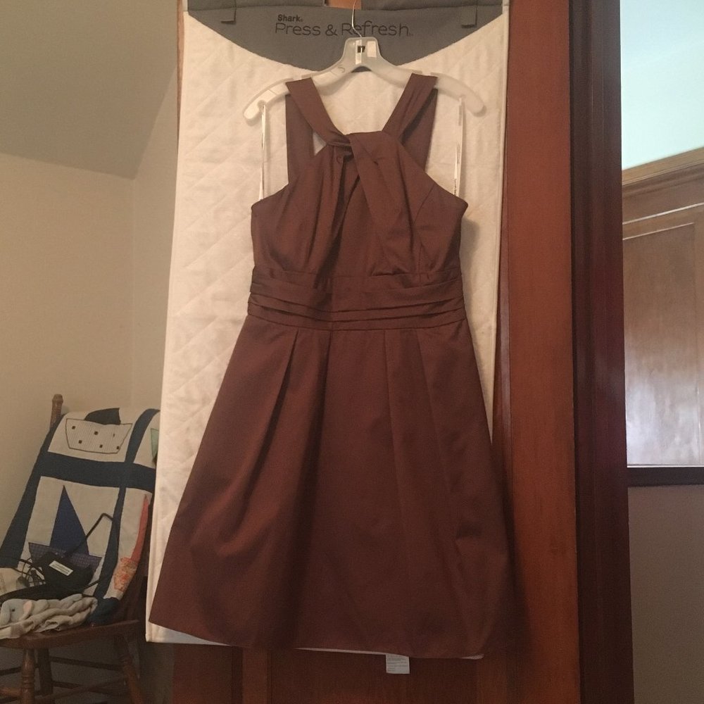 David’s Bridal Cocoa/Chocolate Short Cotton Dress Y-Neck and Skirt Pleating - 1 - Picture 3 of 6